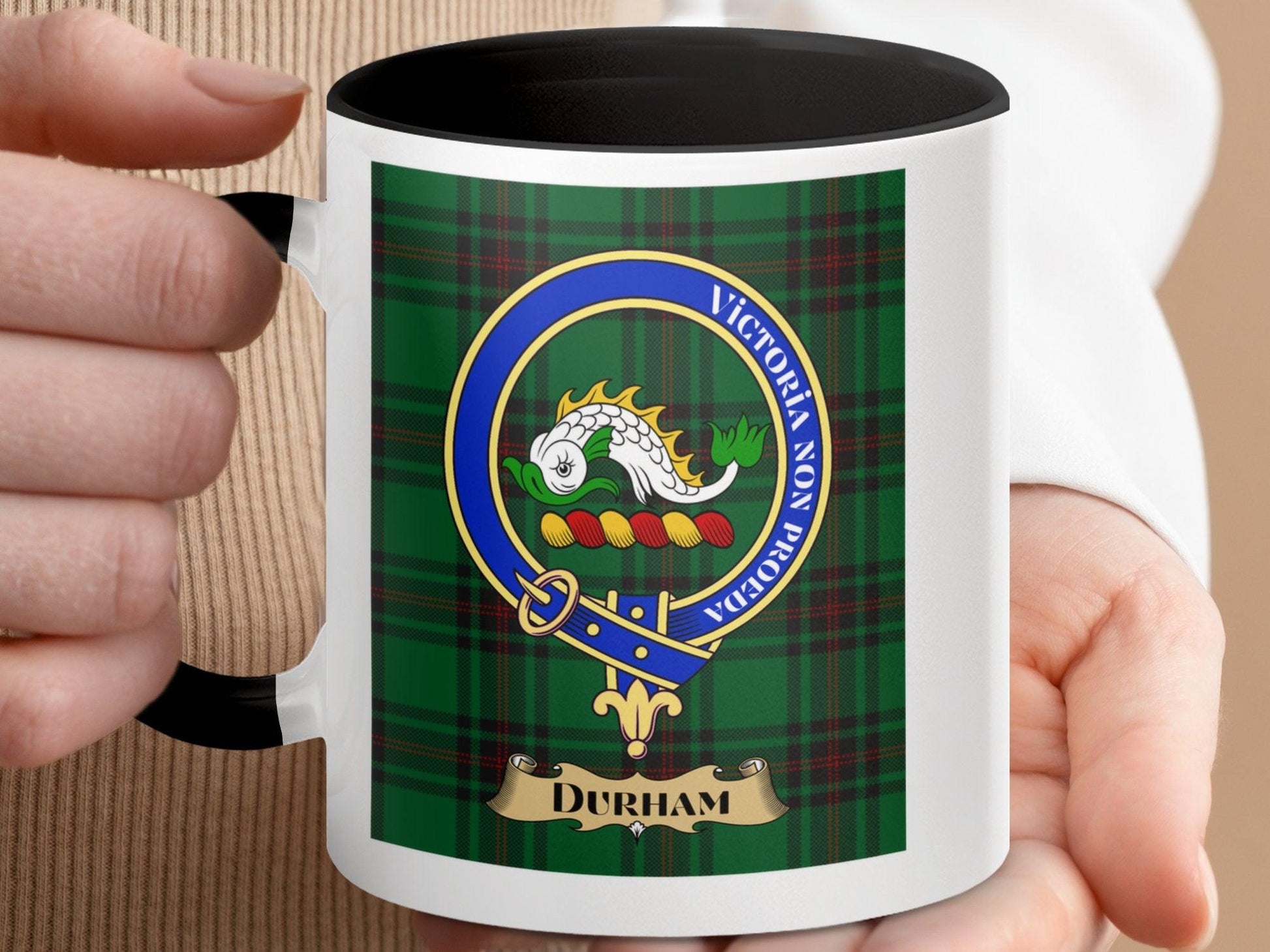 Vibrant Durham Clan Crest Tartan Plaid Design Mug - Living Stone Gifts