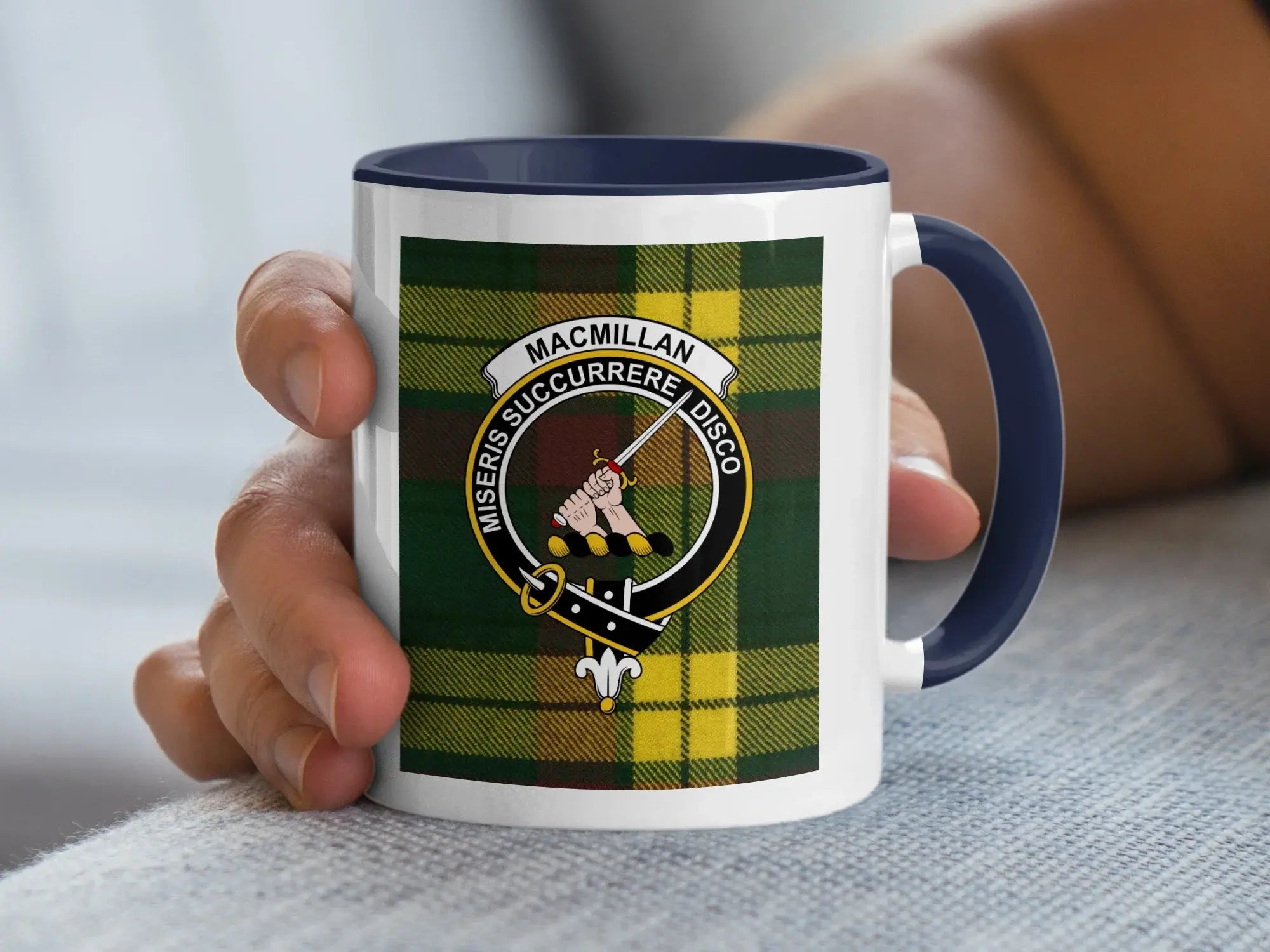 Clan MacMillan tartan accent mug with black handle — 11oz glossy ceramic Scottish heritage coffee cup