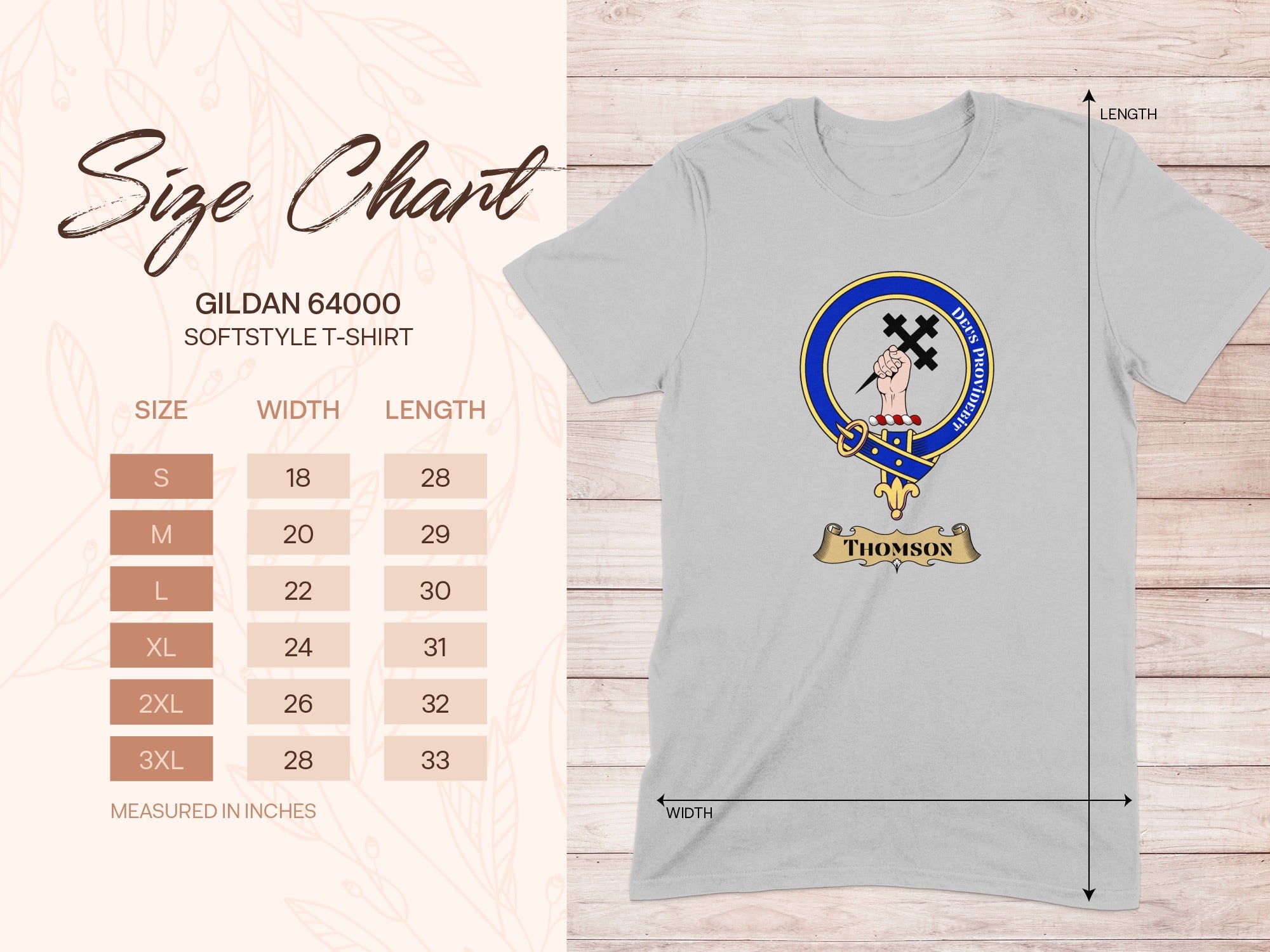 Gildan 64000 size chart for Thomson Scottish clan crest T-shirt