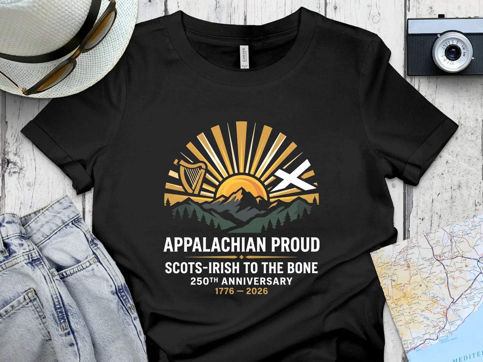 Black t-shirt with Appalachian Proud Scots-Irish design celebrating 250th anniversary.