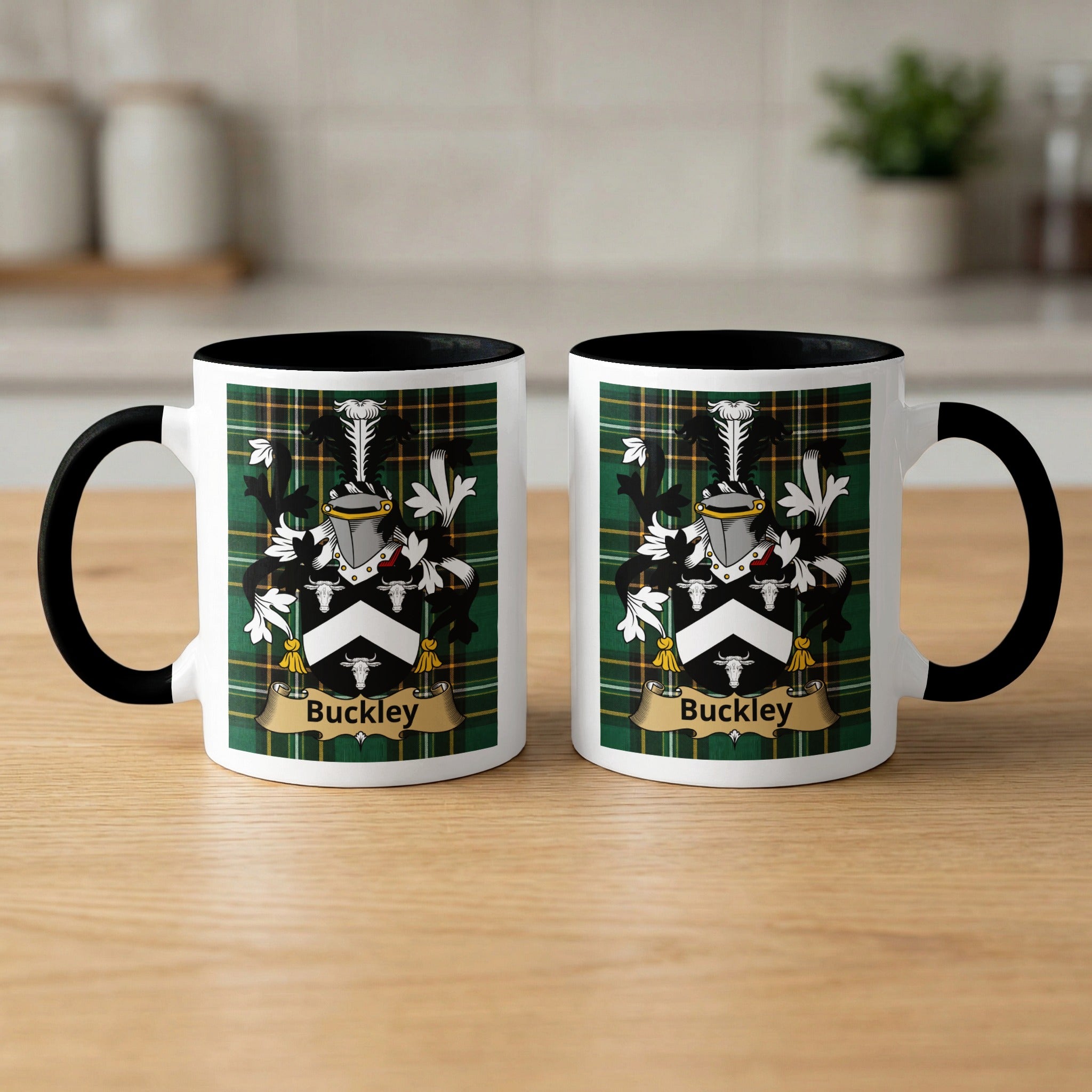 Buckley Irish surname mugs front and back — family crest on green tartan