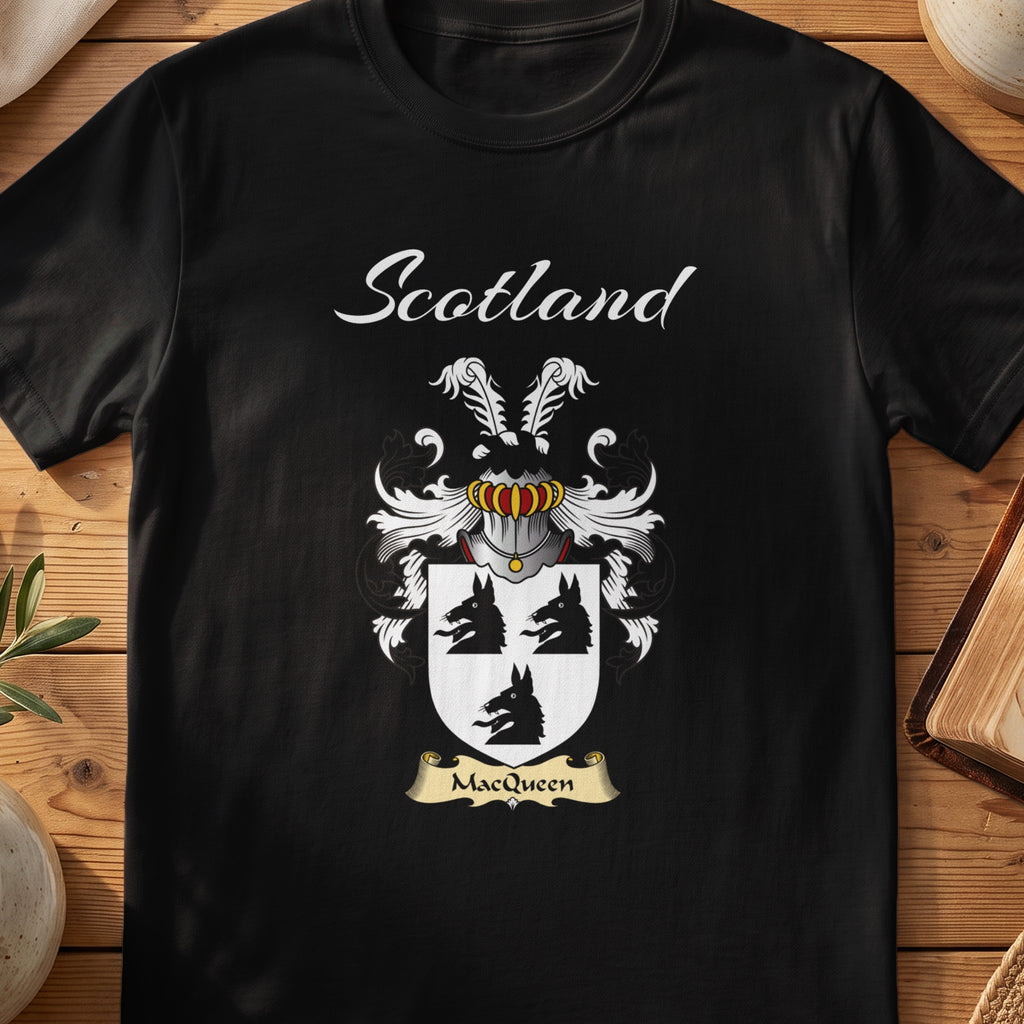Black MacQueen Scottish T-shirt featuring three black animal heads on a pale shield