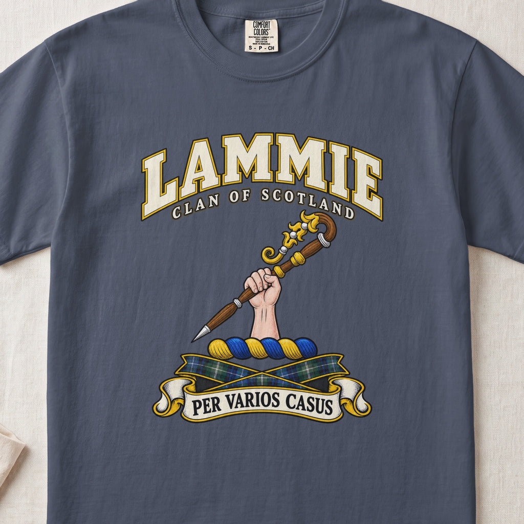 Lammie Scottish clan T-shirt in Midnight, front view with a hand holding an ornate crozier and motto design.