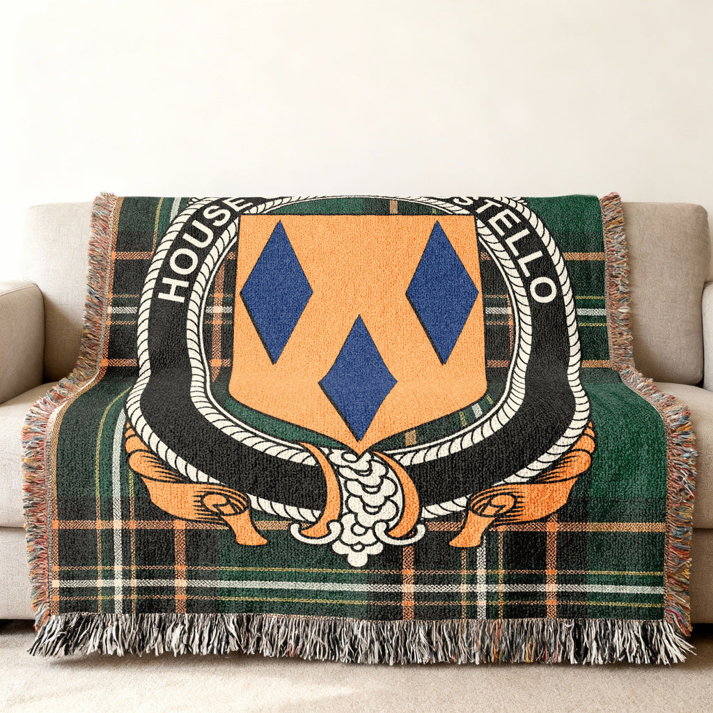 MacCostello Irish National Tartan woven blanket displayed on a sofa