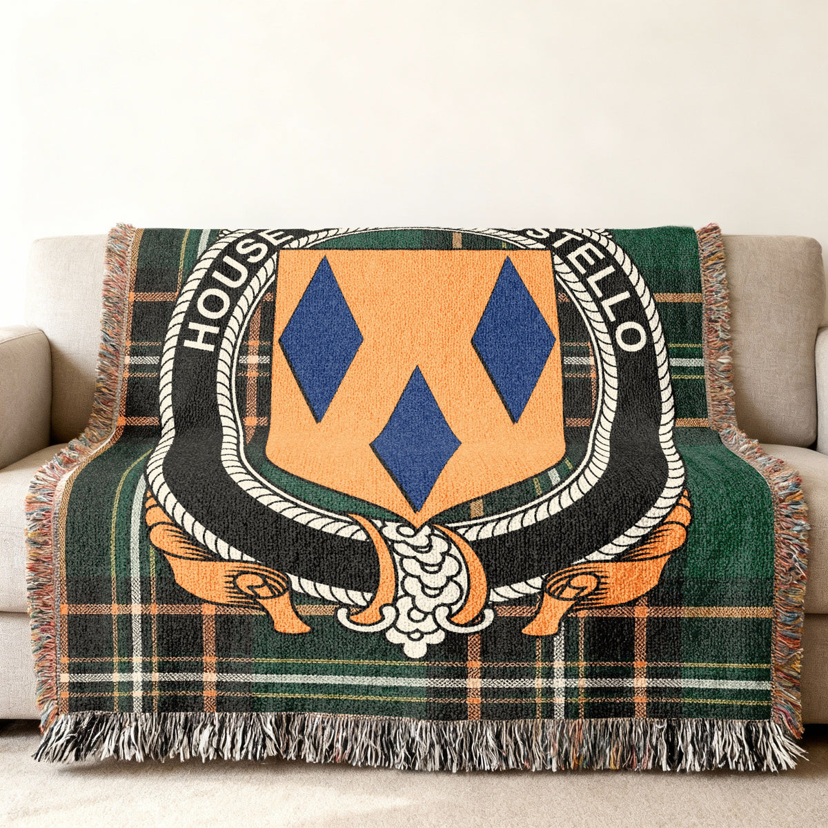 MacCostello Irish National Tartan woven blanket displayed on a sofa