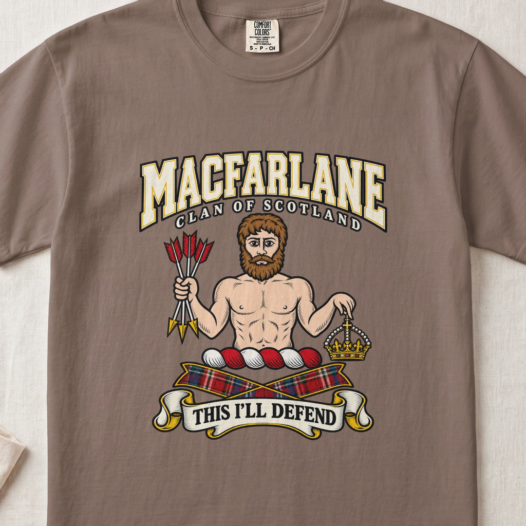 MacFarlane graphic T-shirt in Espresso brown, front flat lay showing varsity lettering and bearded bare-chested man holding a bundle of arrows and a crown.
