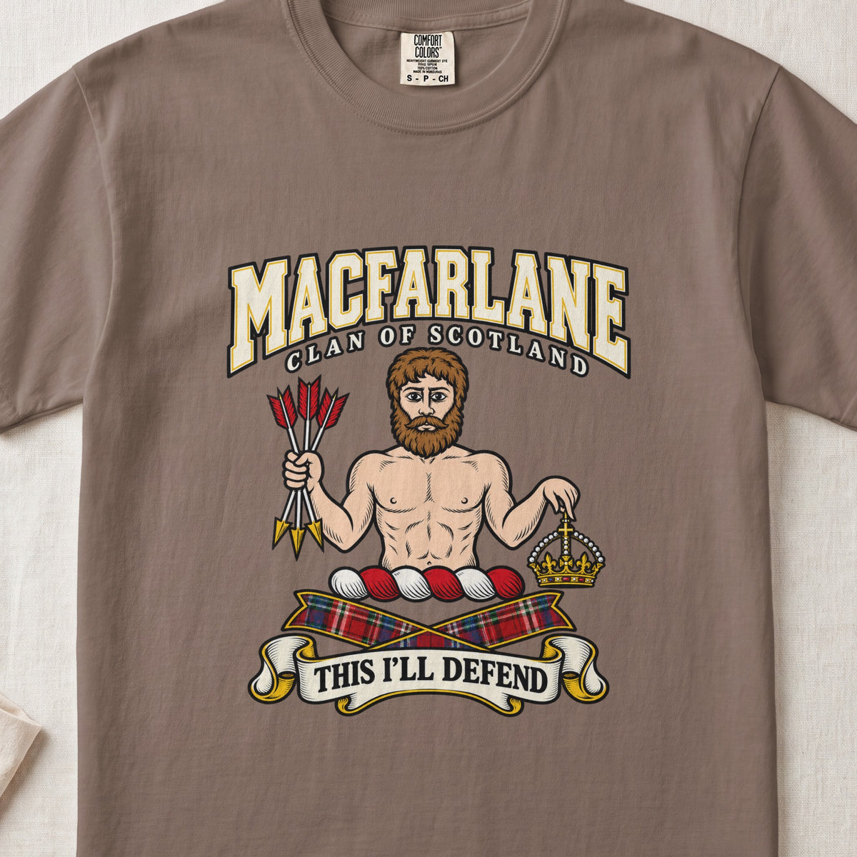 MacFarlane graphic T-shirt in Espresso brown, front flat lay showing varsity lettering and bearded bare-chested man holding a bundle of arrows and a crown.