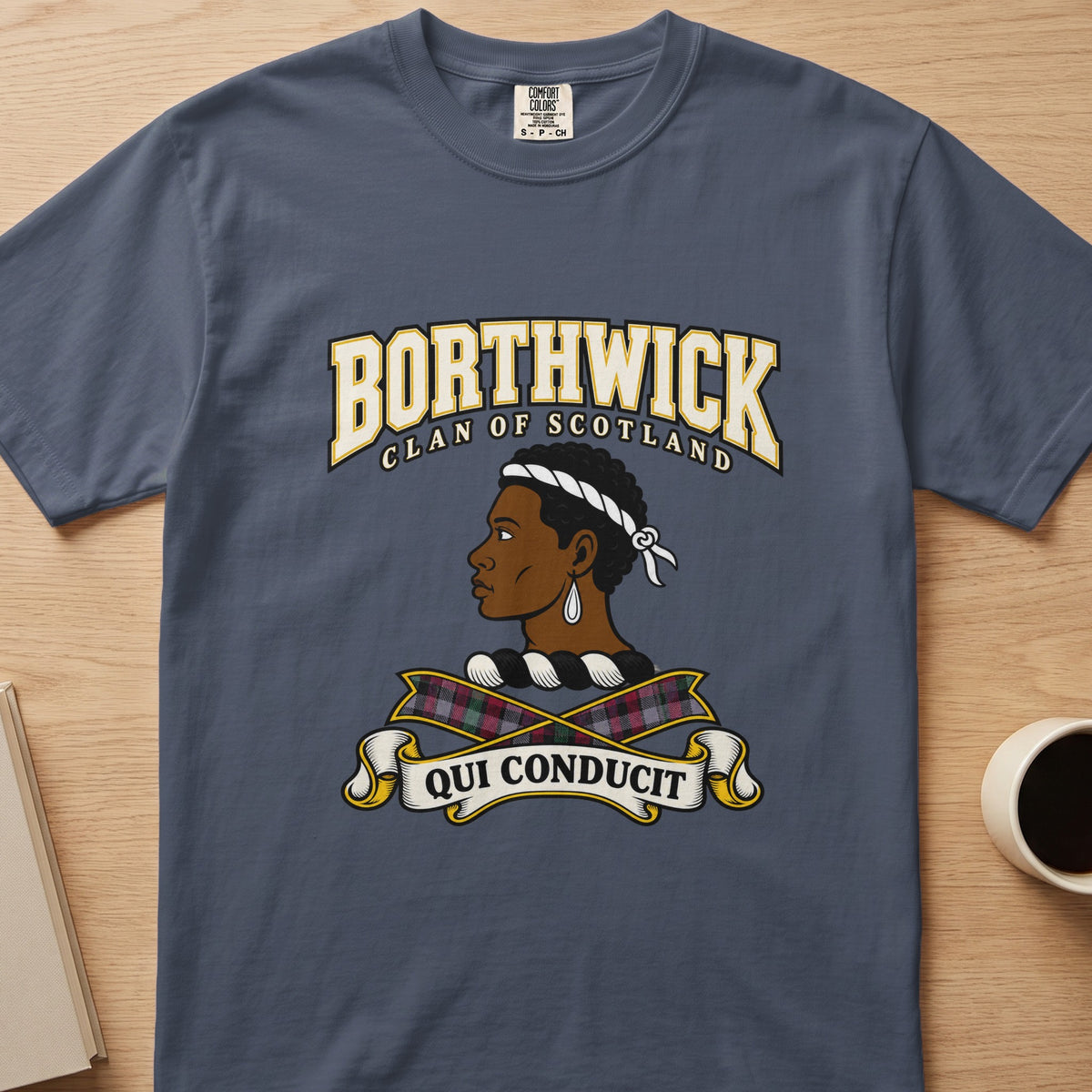 Borthwick clan crest with profile portrait on a slate blue Comfort Colors T-shirt, front view