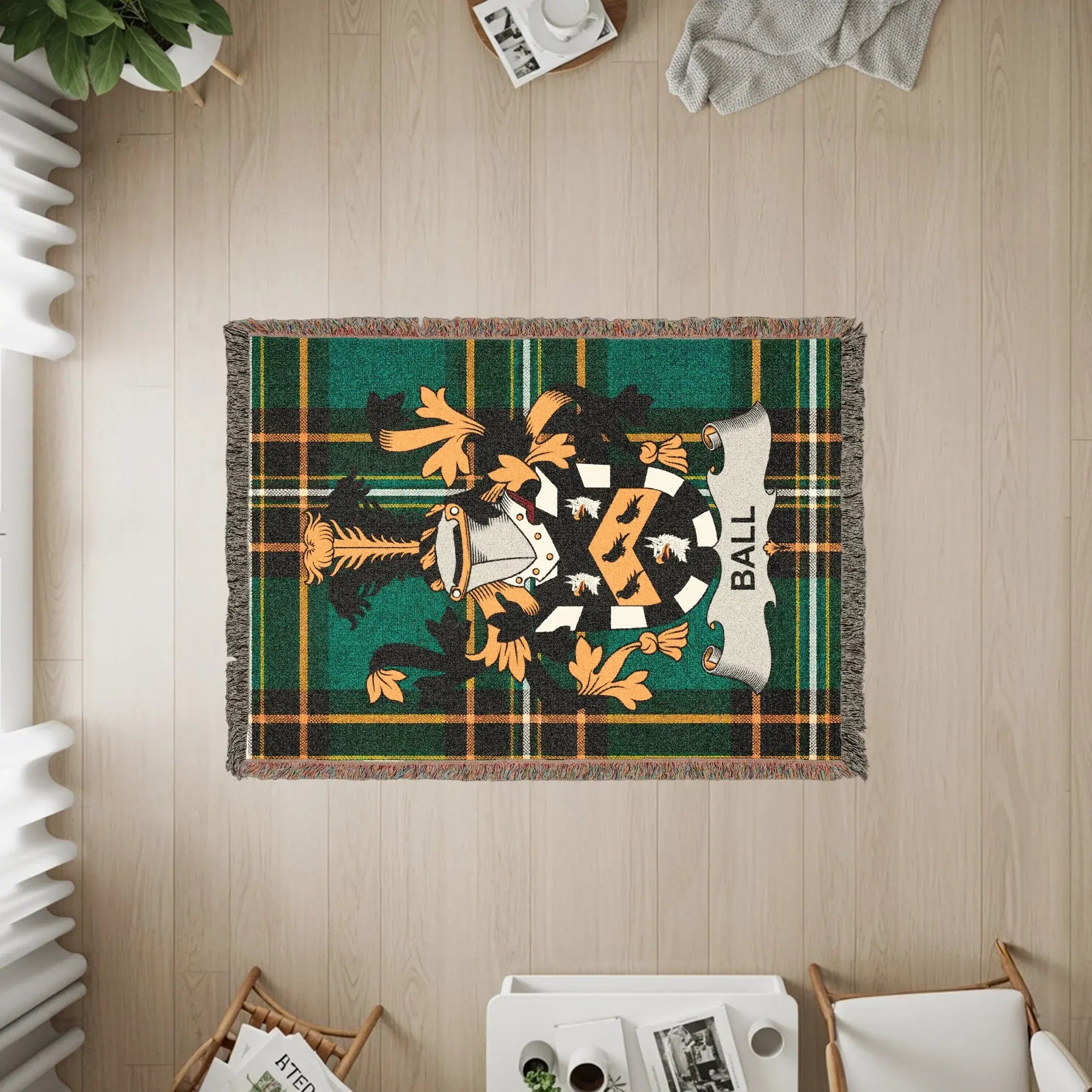 Ball Family Crest Tartan Green Gold Throw Blanket product type