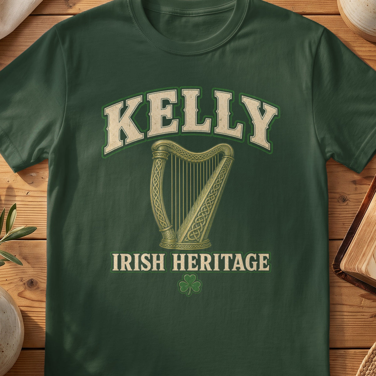 Kelly Irish harp T-shirt in Forest Green, with cream surname lettering, a gold-toned harp, green shamrock and “Irish Heritage” text.