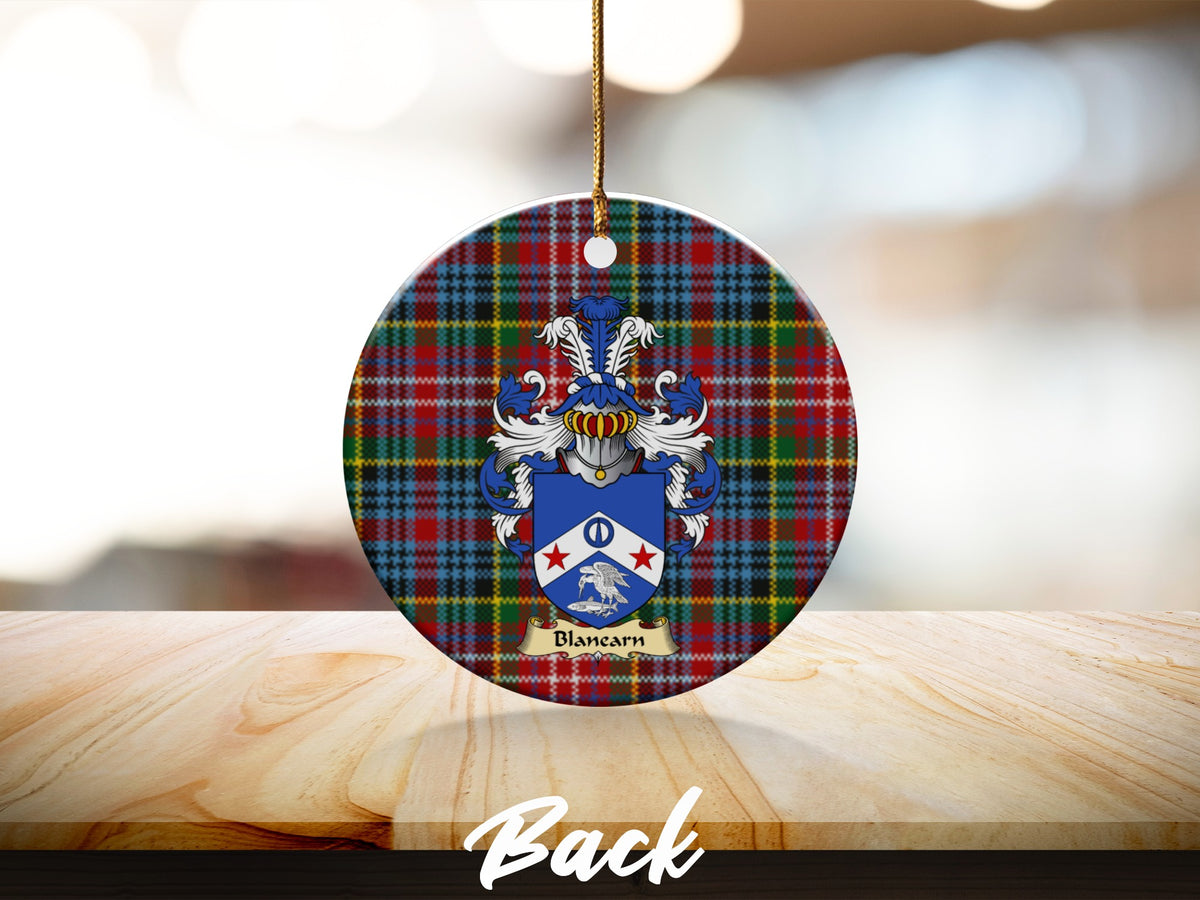 Round Blanearn Scottish clan ornament with family crest on a Caledonia tartan background
