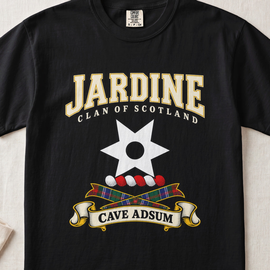 Jardine Scottish clan graphic T-shirt in Black, front view