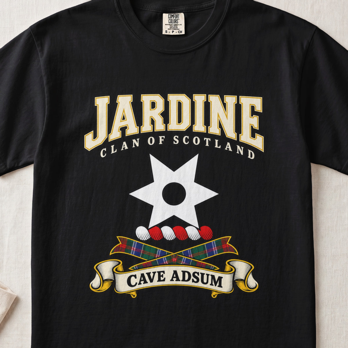 Jardine Scottish clan graphic T-shirt in Black, front view