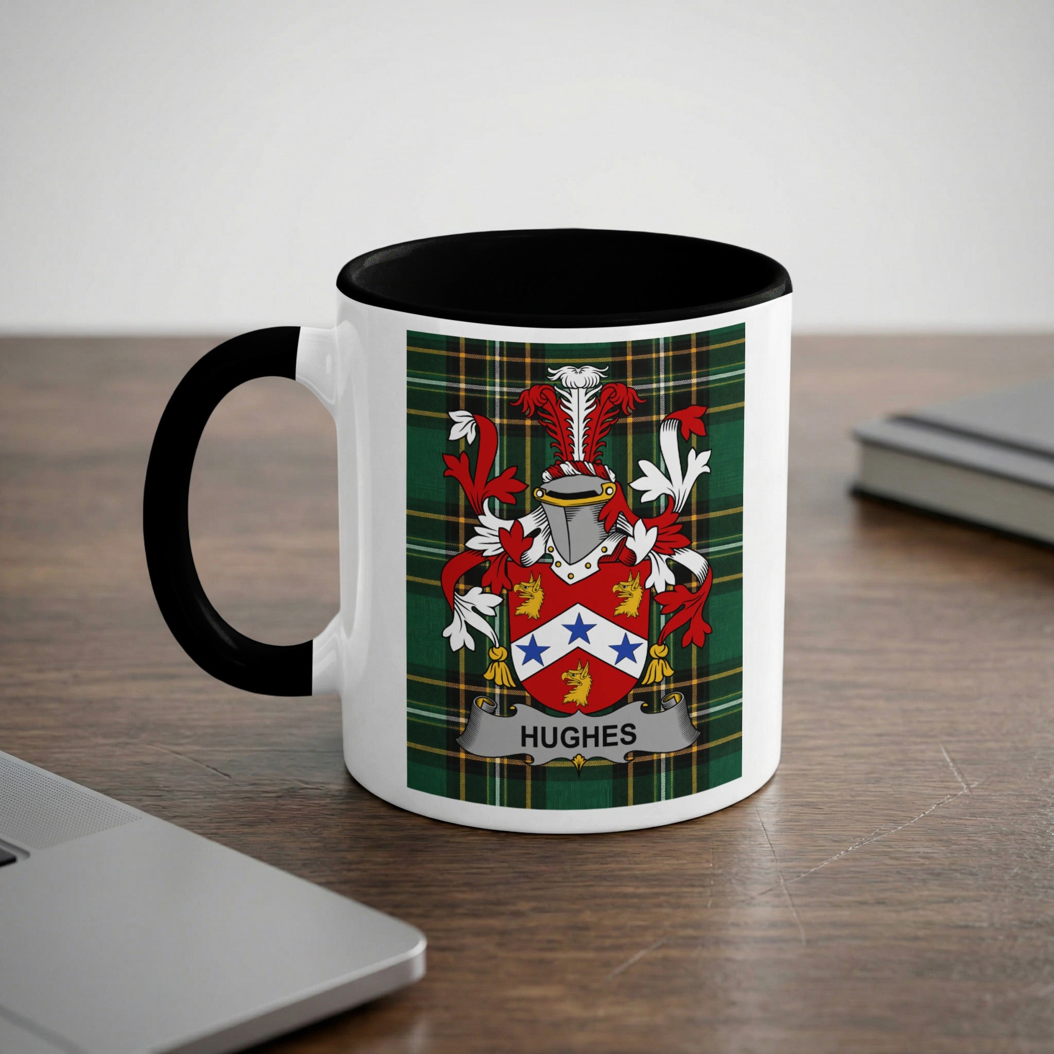 Hughes family crest emblem mug with black handle and interior