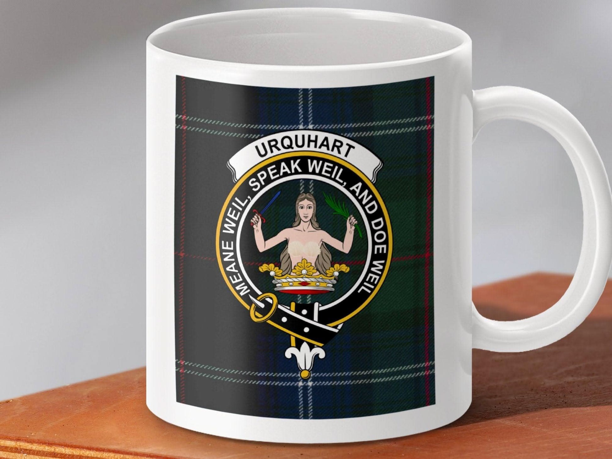Urquhart Family Crest Clan Motto Plaid Background Mug product