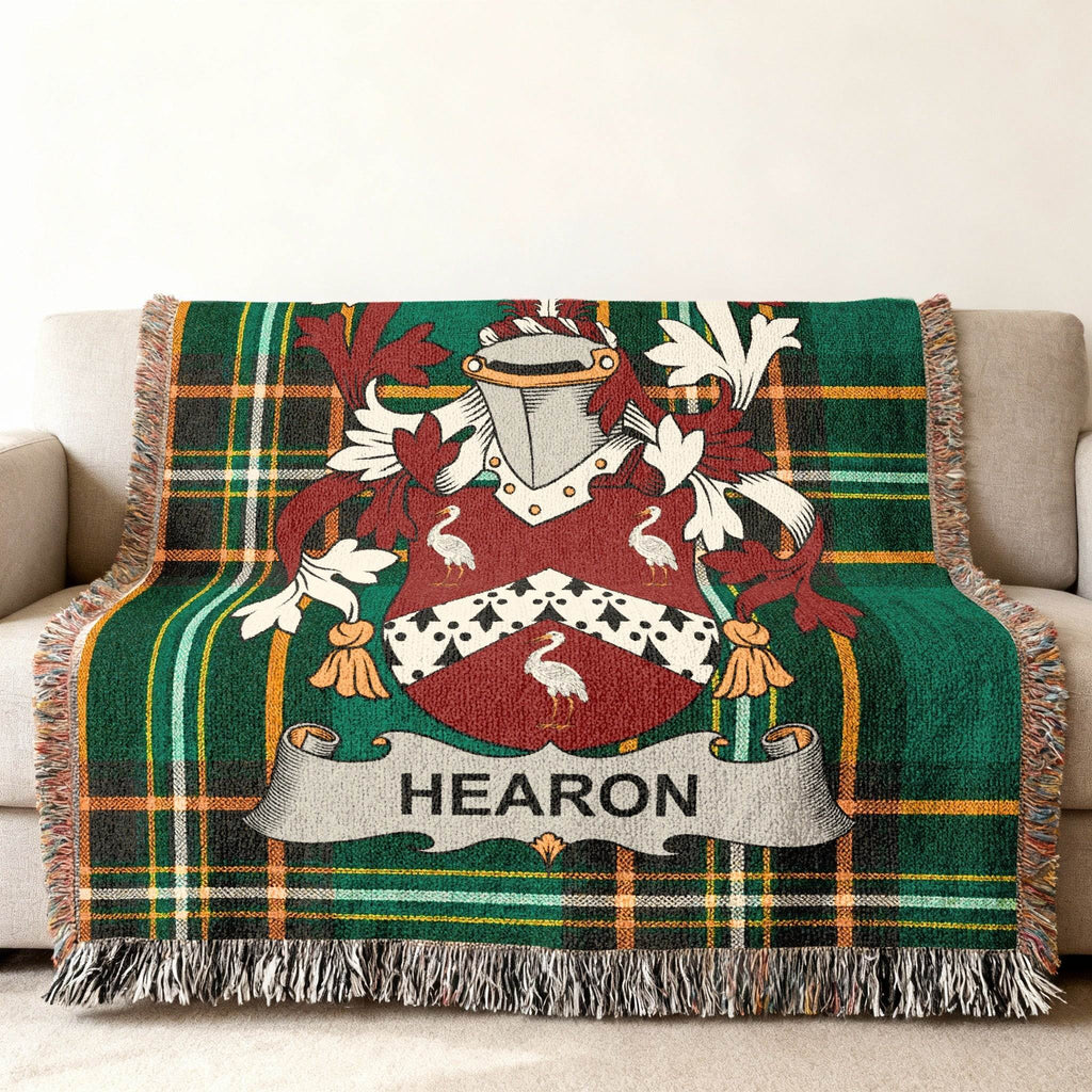 Tartan throw blanket with Hearon family crest.