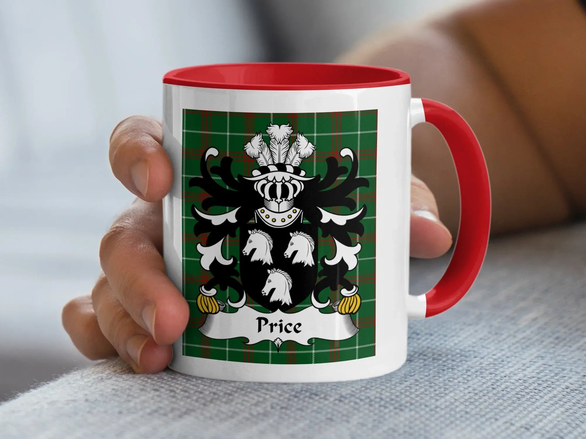 Price Welsh tartan accent mug with red handle and family crest on tartan background