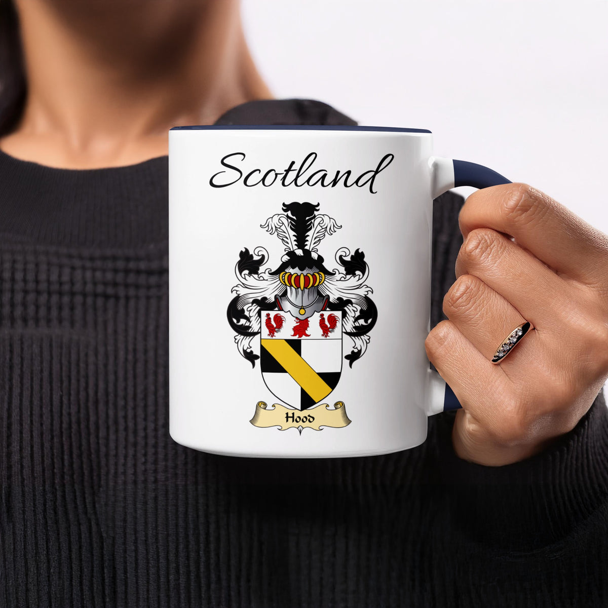 Hood 11 oz Scottish family crest ceramic mug showing a Scotland-topped heraldic emblem