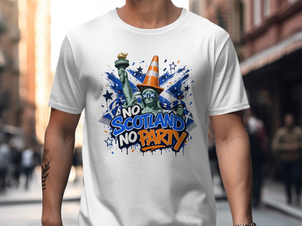 Statue of Liberty wearing traffic cone, holding torch, with Scottish flag and text "No Scotland No Party".