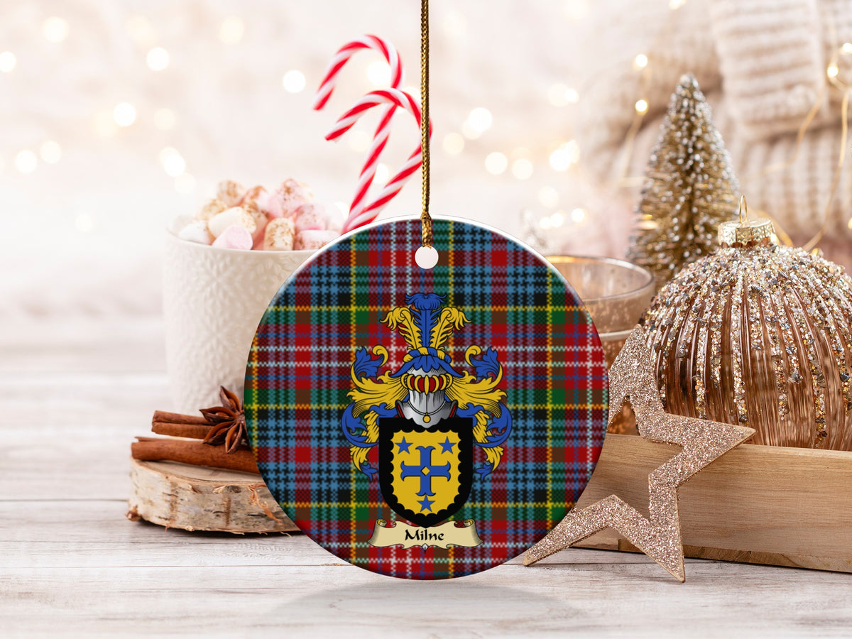Double-sided Milne ceramic ornament with family shield and Caledonia tartan background