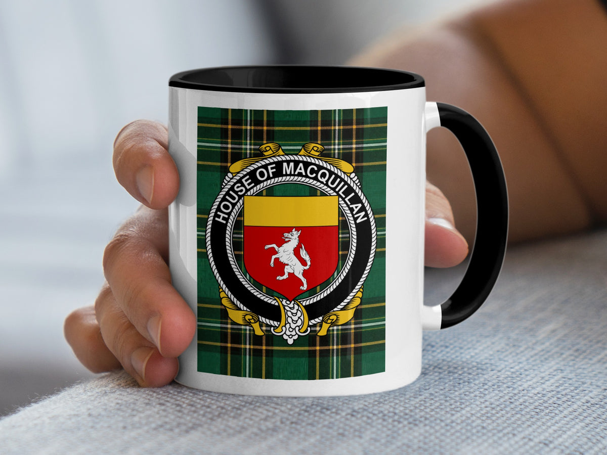 MacQuillan Irish National Tartan mug with family crest emblem