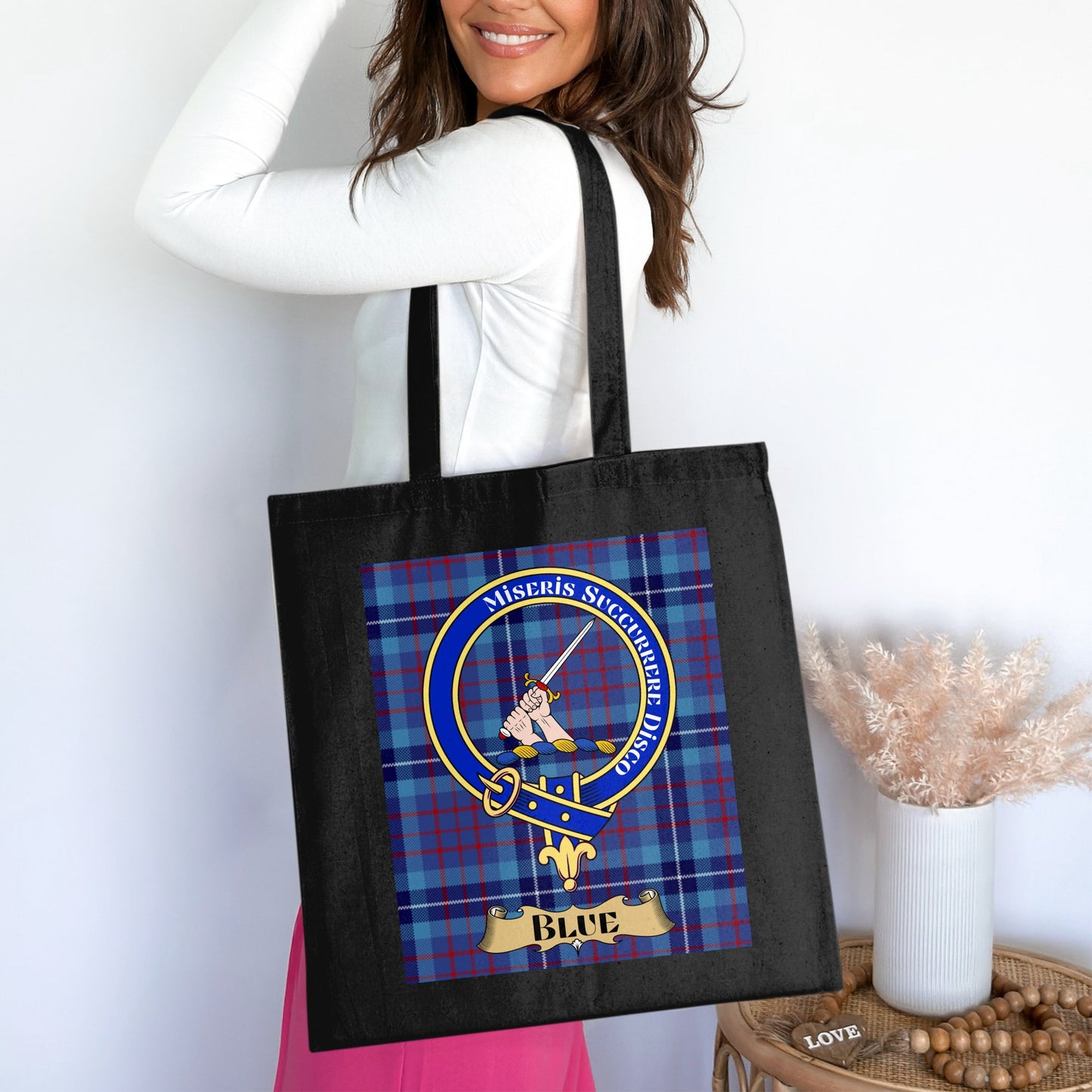 Clan Blue Scottish Crest Tartan Design Tote Bag - Living Stone Gifts