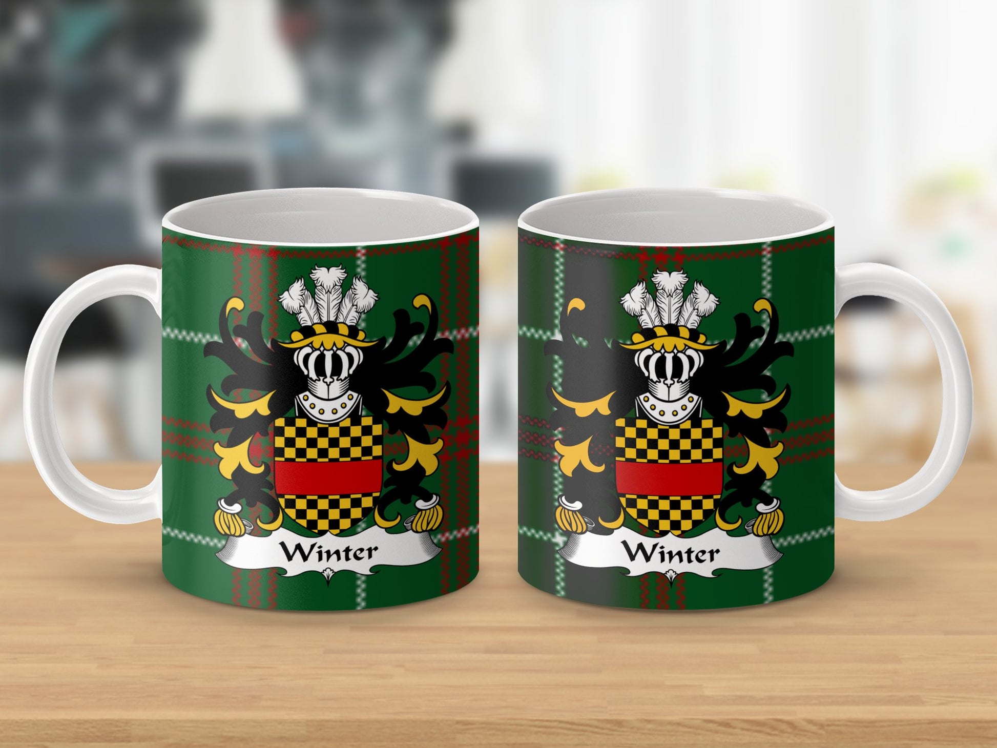 Winter Welsh Surname Coat of Arms on Tartan Background Mug - Living Stone Gifts