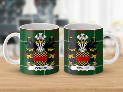 Winter Welsh Surname Coat of Arms on Tartan Background Mug - Living Stone Gifts