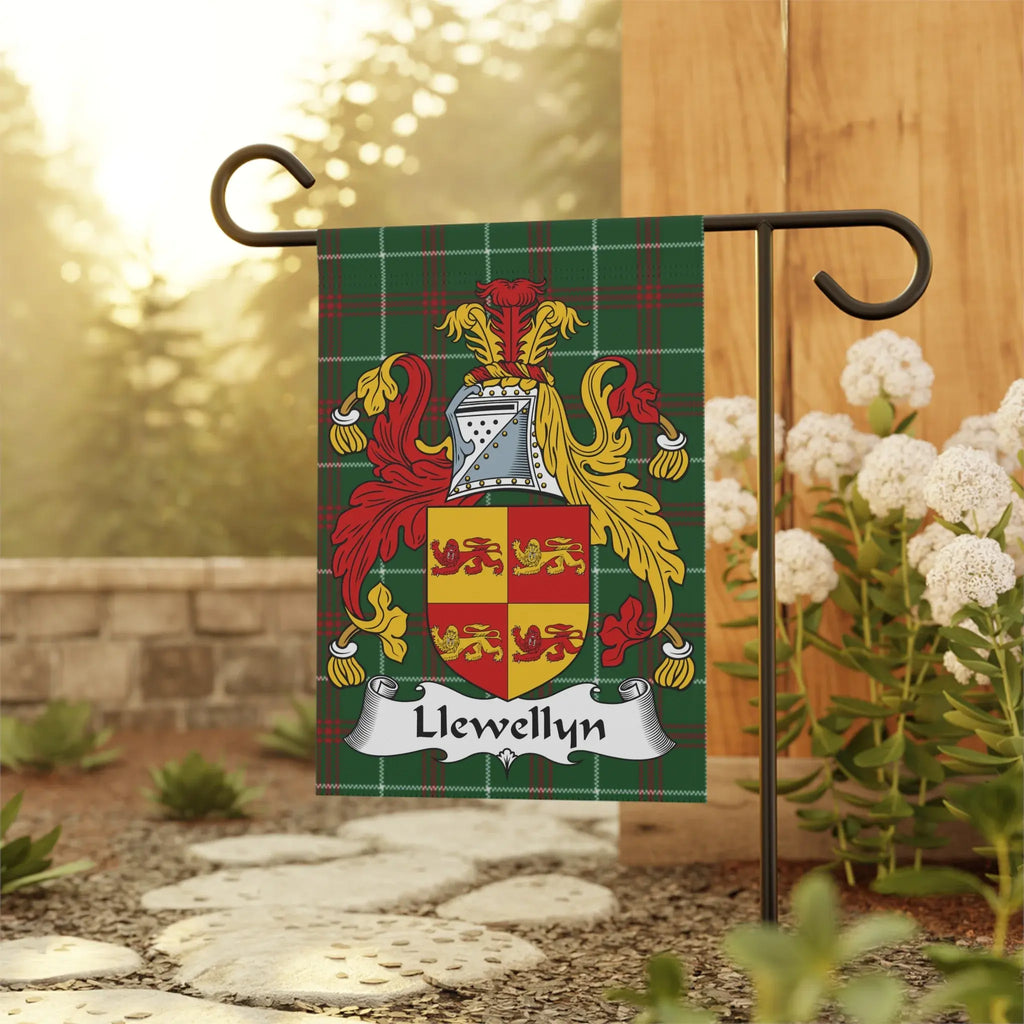 Llewellyn coat of arms on a tartan garden flag.