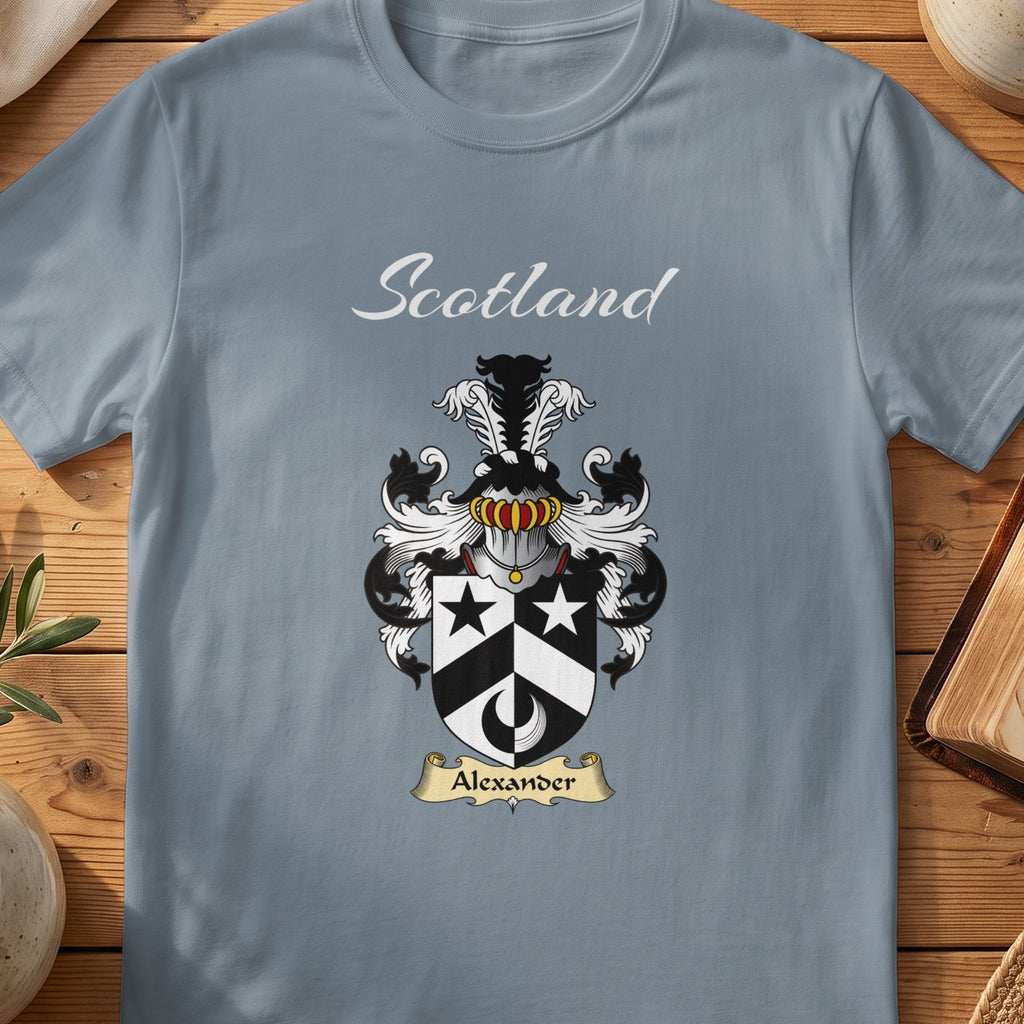 Alexander Scottish family shield T-shirt in Stone Blue