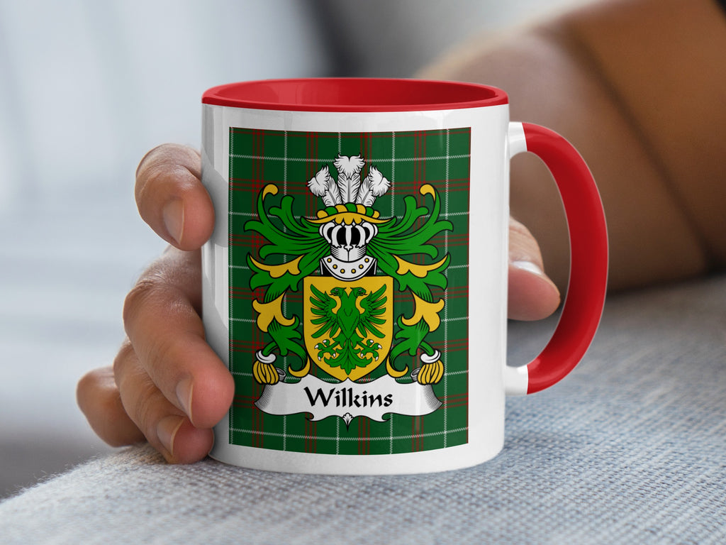 Wilkins Welsh family crest mug on Welsh National Tartan