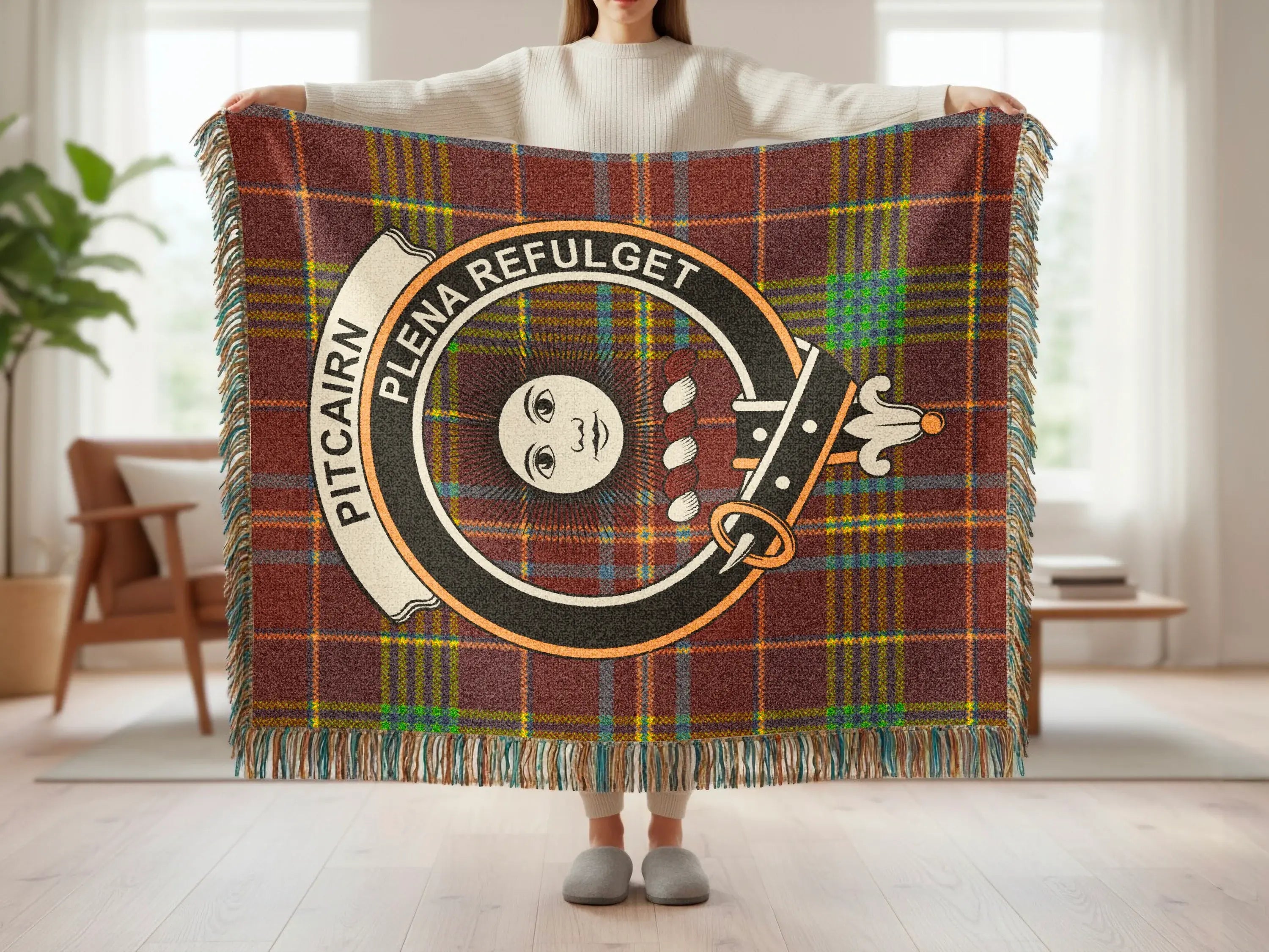 Pitcairn plaid woven blanket with fringe edges — cotton construction, colourful tartan pattern