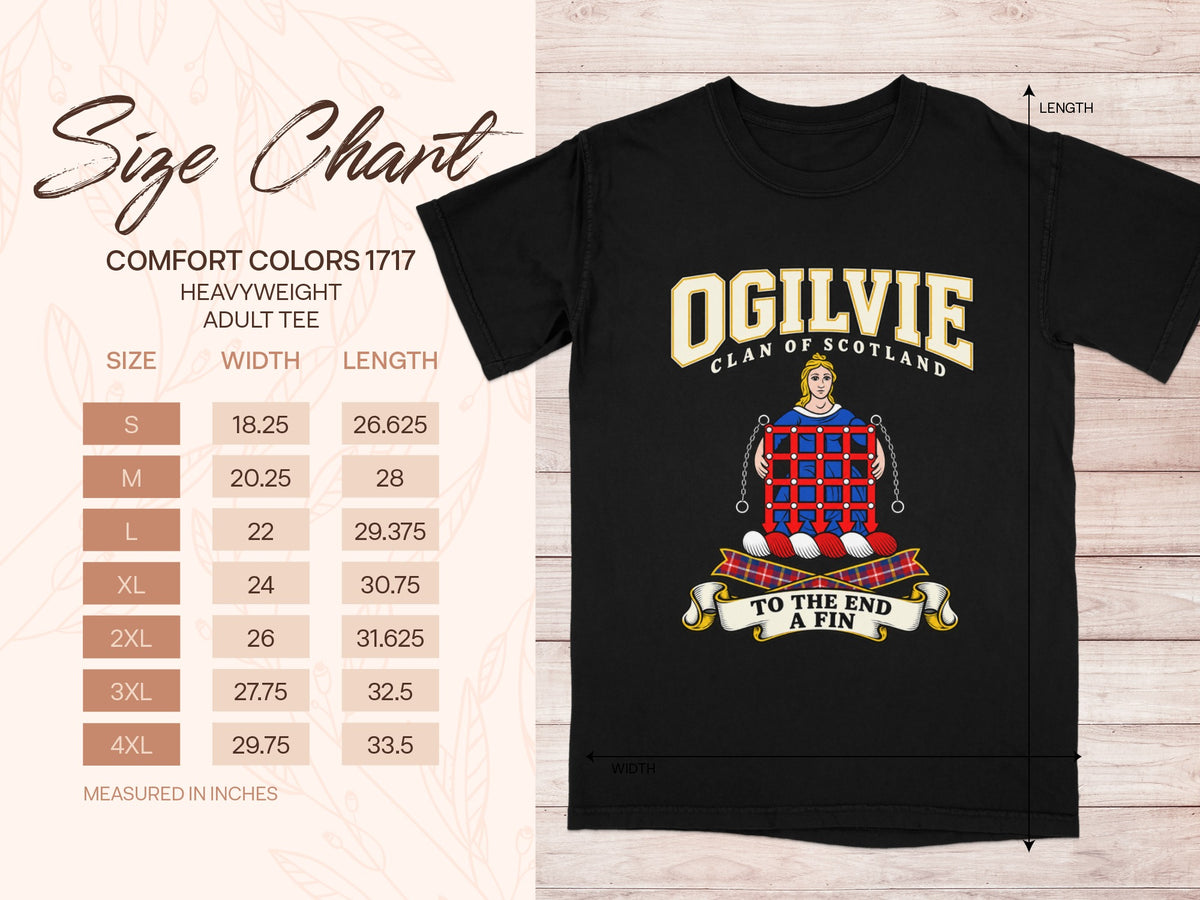 Ogilvie Comfort Colors 1717 T-shirt size chart with black shirt illustration