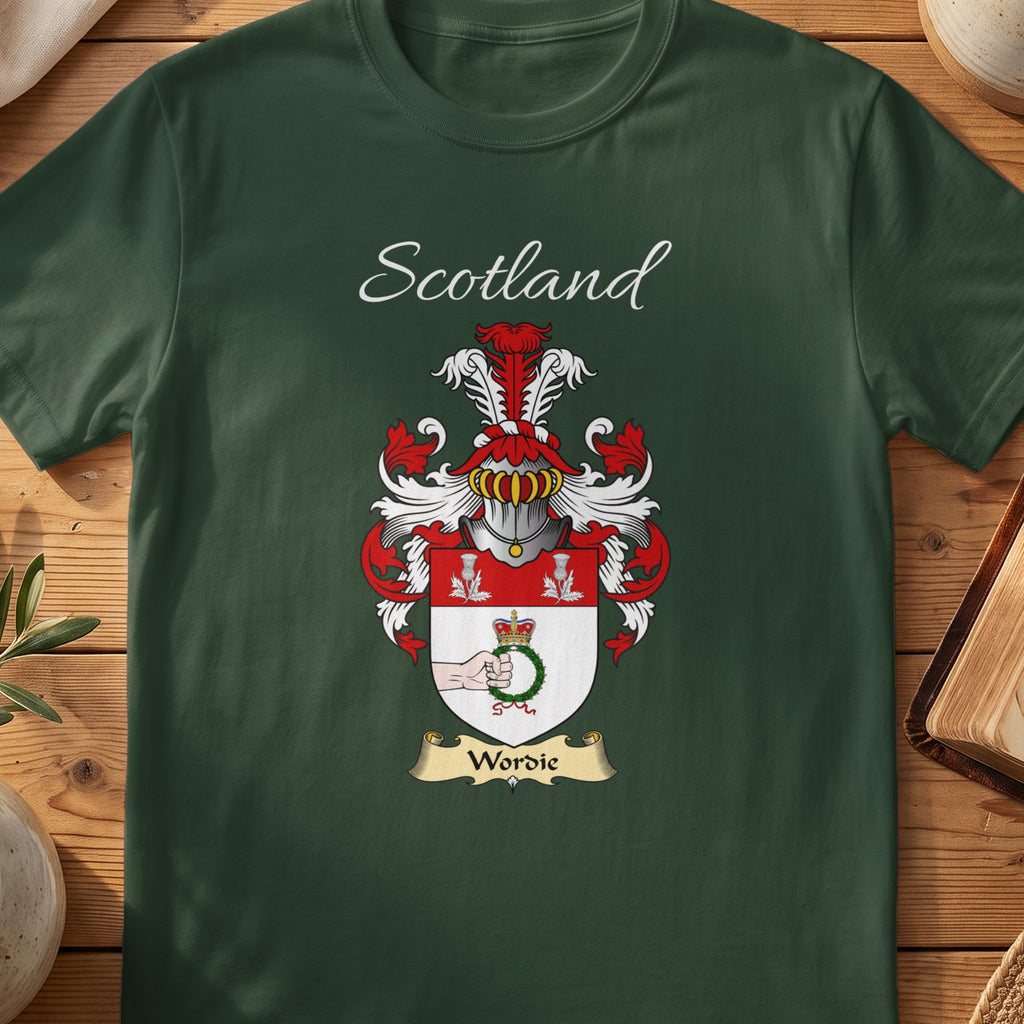Forest Green Wordie Scottish T-shirt laid flat with coat of arms artwork and “Scotland” text.