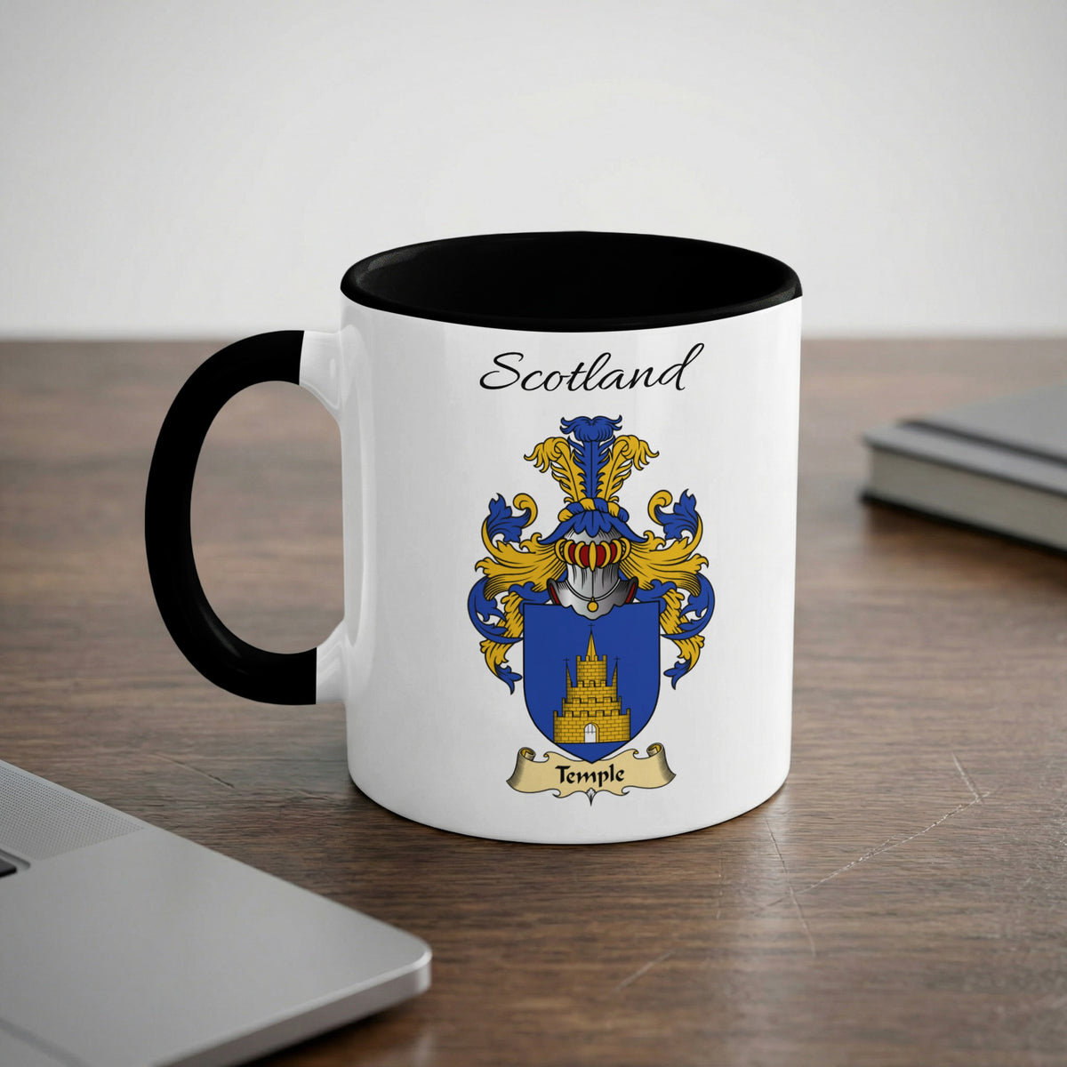 Black accent ceramic mug featuring Temple coat of arms and Scotland lettering