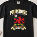 Primrose Scottish clan T-shirt in Black, front view with a red lion holding a pink flower and motto design.