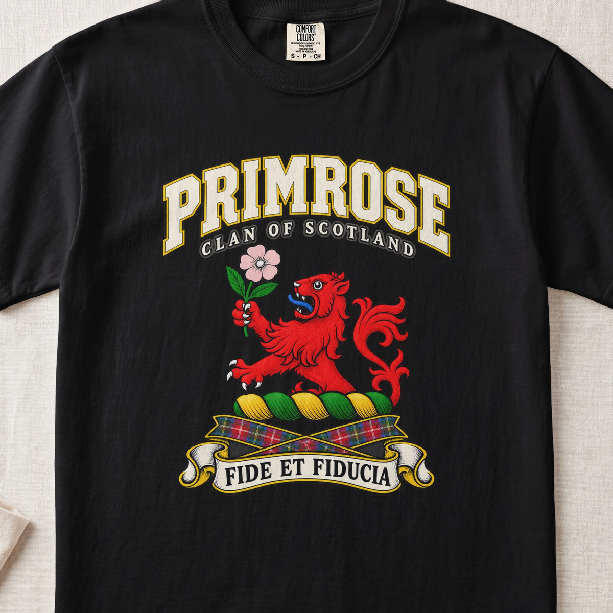 Primrose Scottish clan T-shirt in Black, front view with a red lion holding a pink flower and motto design.