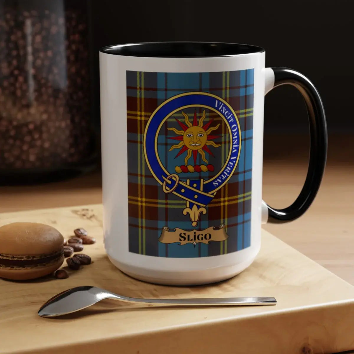 Close-up of the Sligo family crest printed on a ceramic mug