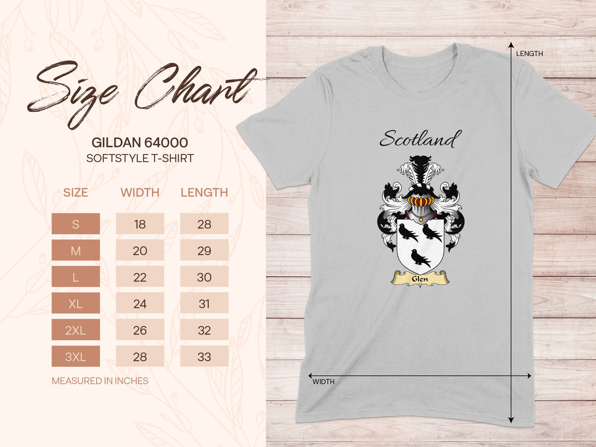Gildan 64000 size chart for the Glen unisex T-shirt, sizes S to 3XL