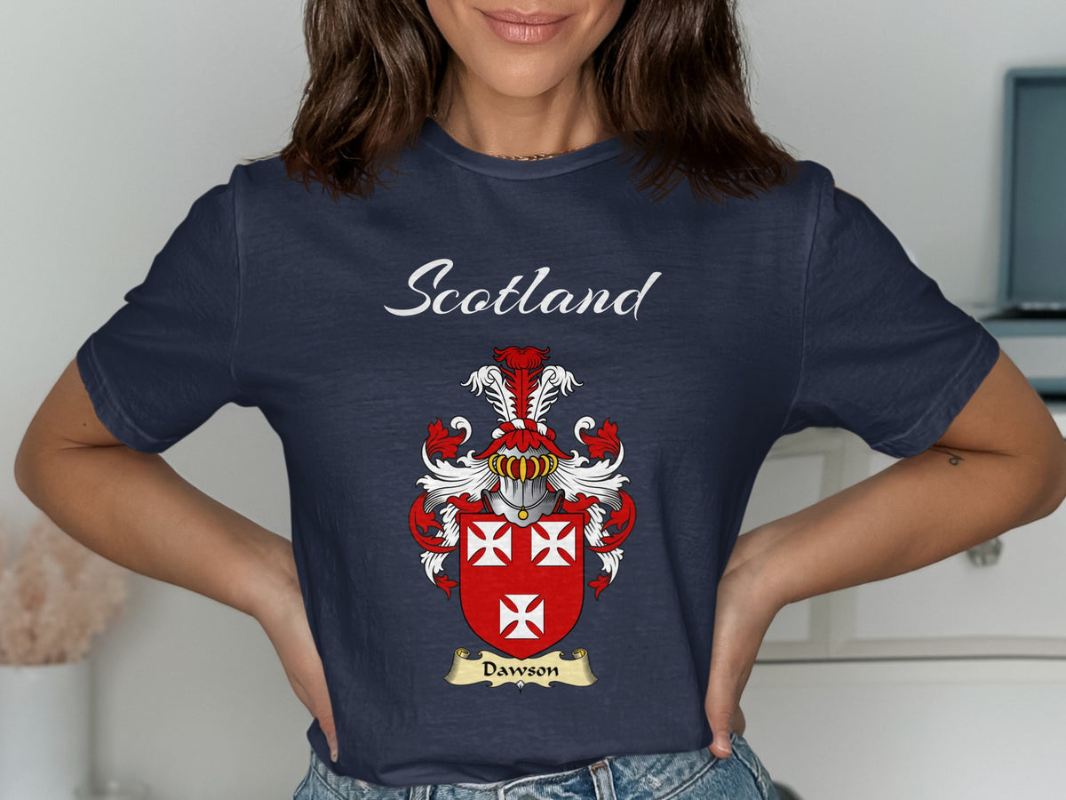 Dawson Scottish family shield design on Navy T-shirt