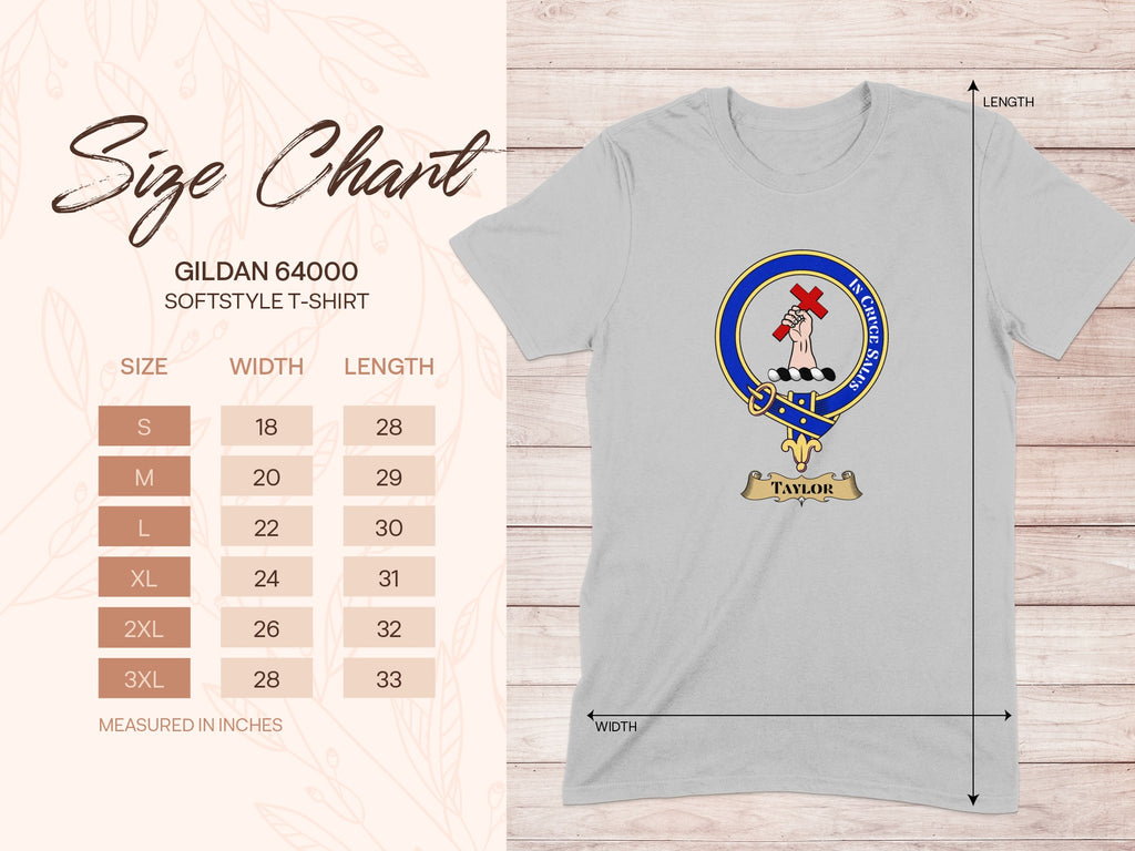 Gildan 64000 size chart for Taylor Scottish clan crest T-shirt