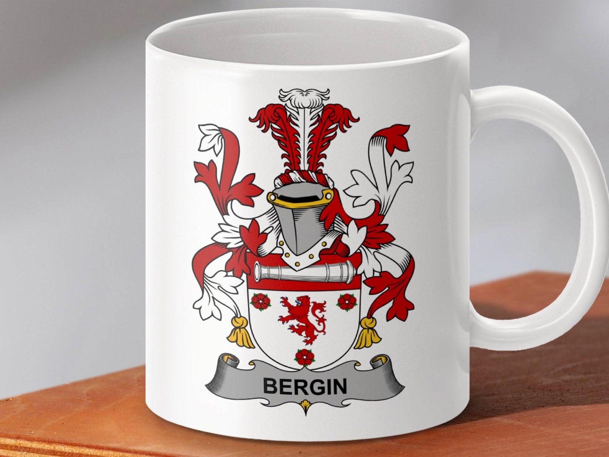 Bergin Family Crest Coat of Arms Design Mug - Celtic Ancestry Gifts
