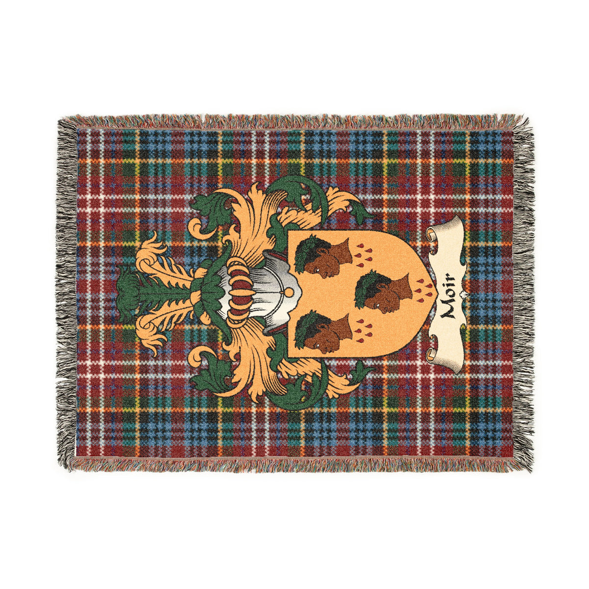 Moir Scottish woven blanket with family shield and Caledonia tartan background