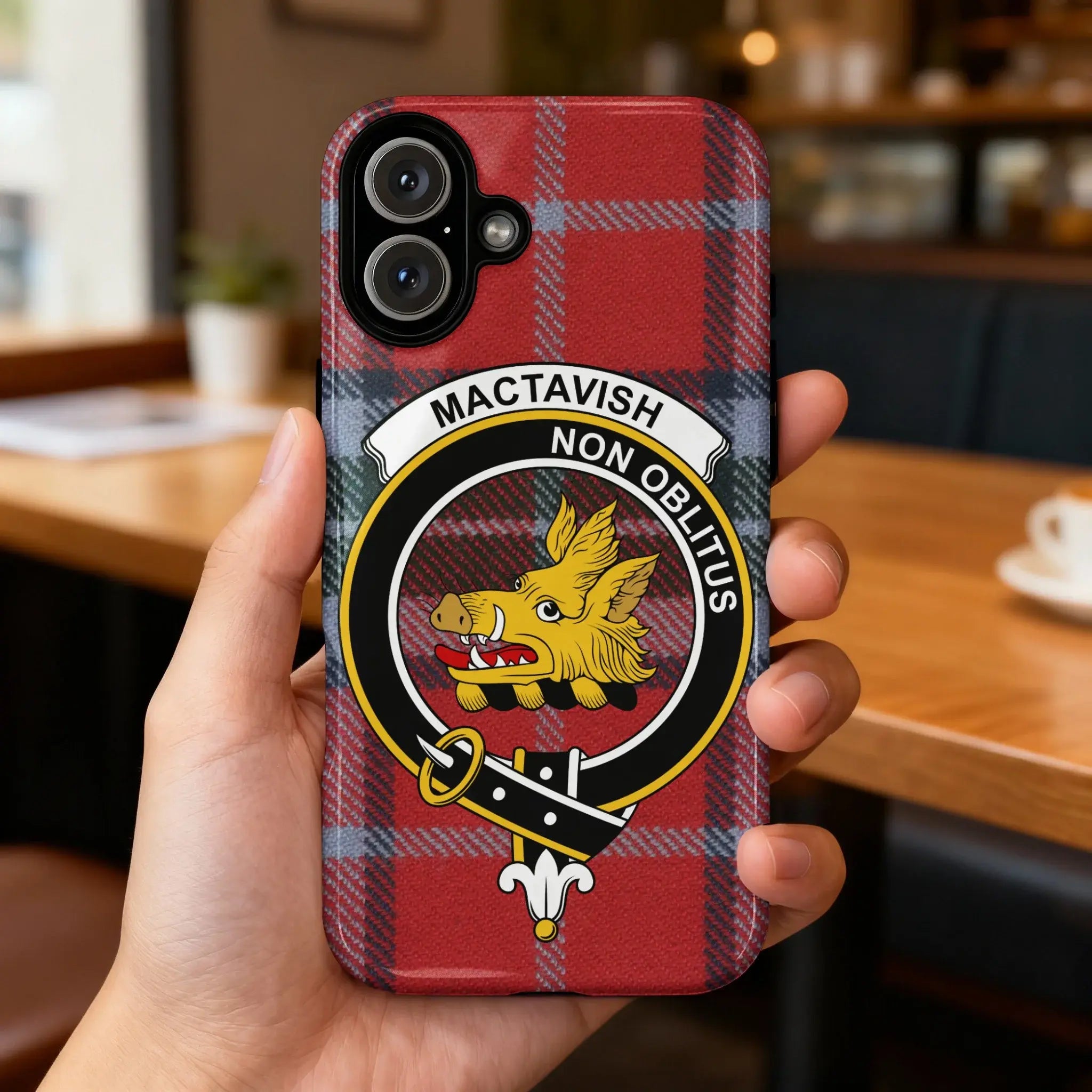 Clan MacTavish tartan crest case on Samsung — full-colour boar wrap, impact-resistant glossy build