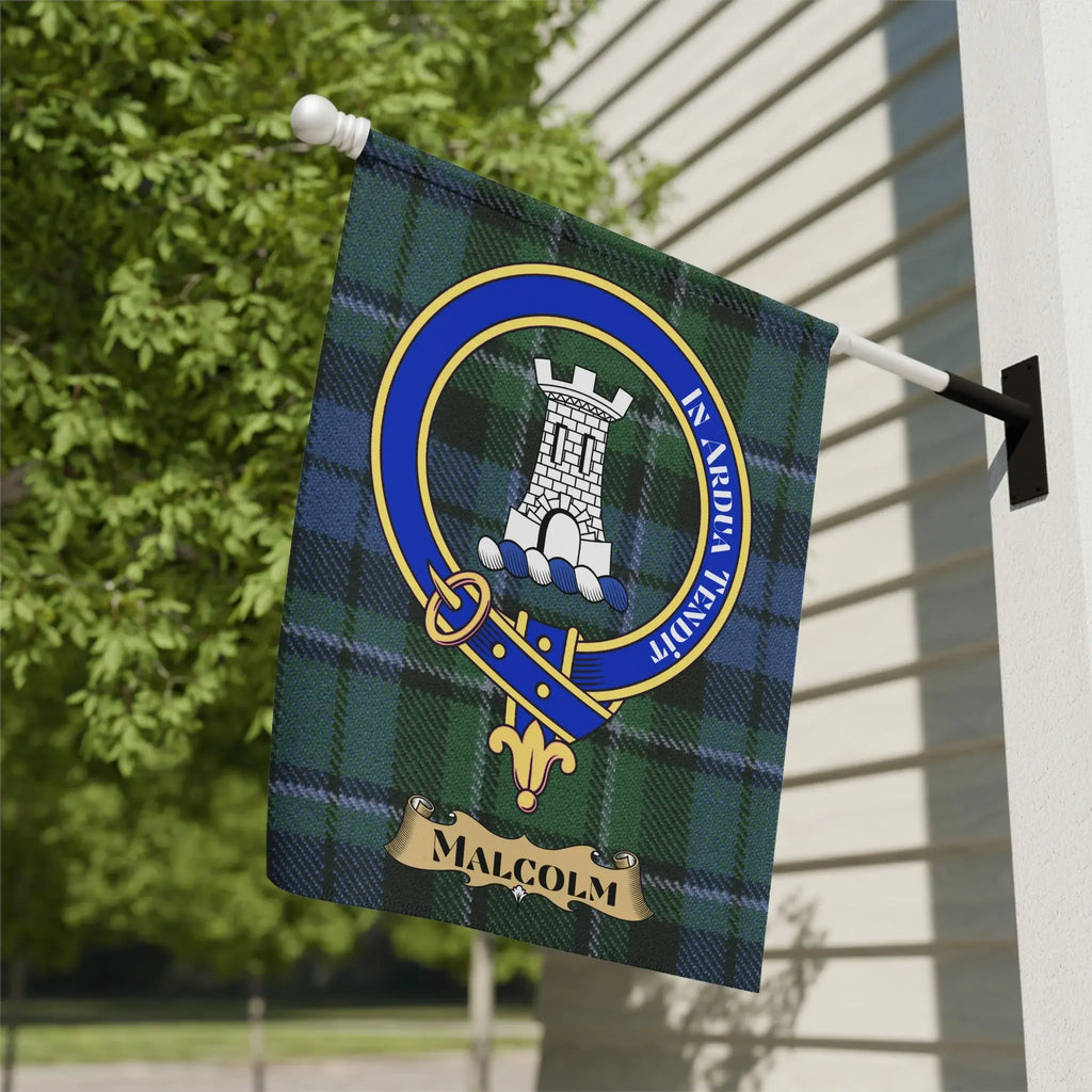 Clan Malcolm tartan garden flag with tower crest and In Ardua Tendit motto — poly poplin-canvas
