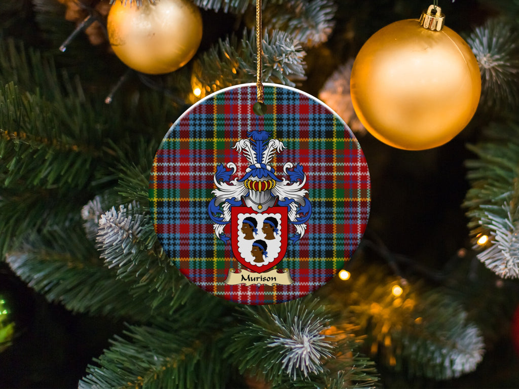 Murison family emblem ceramic Christmas ornament with Caledonia tartan background in festive holiday décor