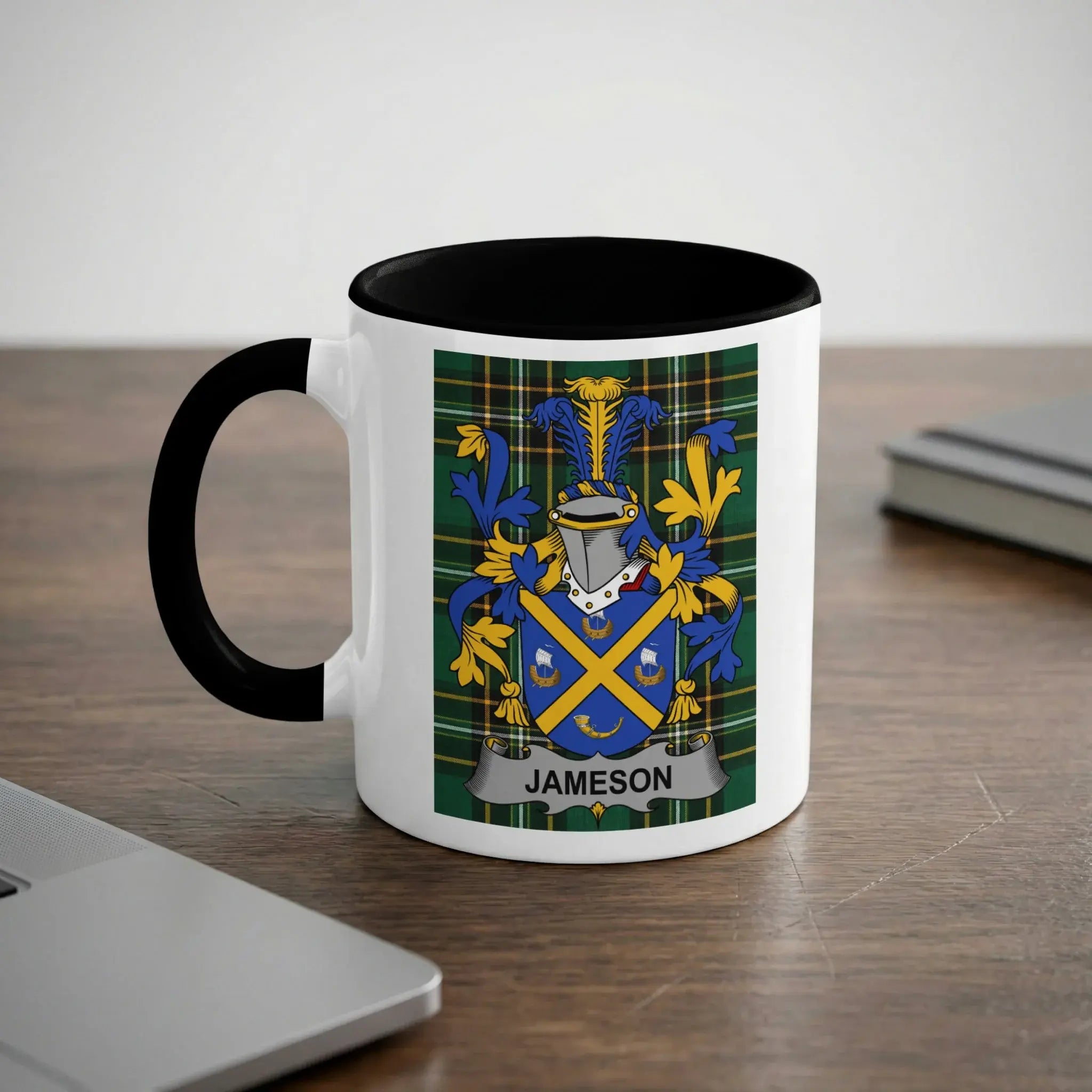 Jameson Irish heritage mug with black handle and family crest