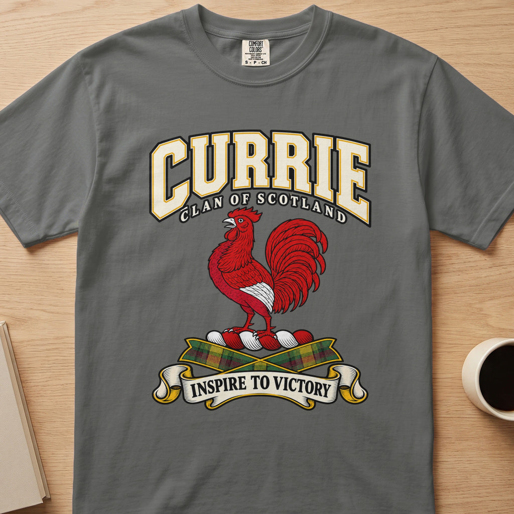 Currie clan crest with red rooster on a gray Comfort Colors T-shirt, front view