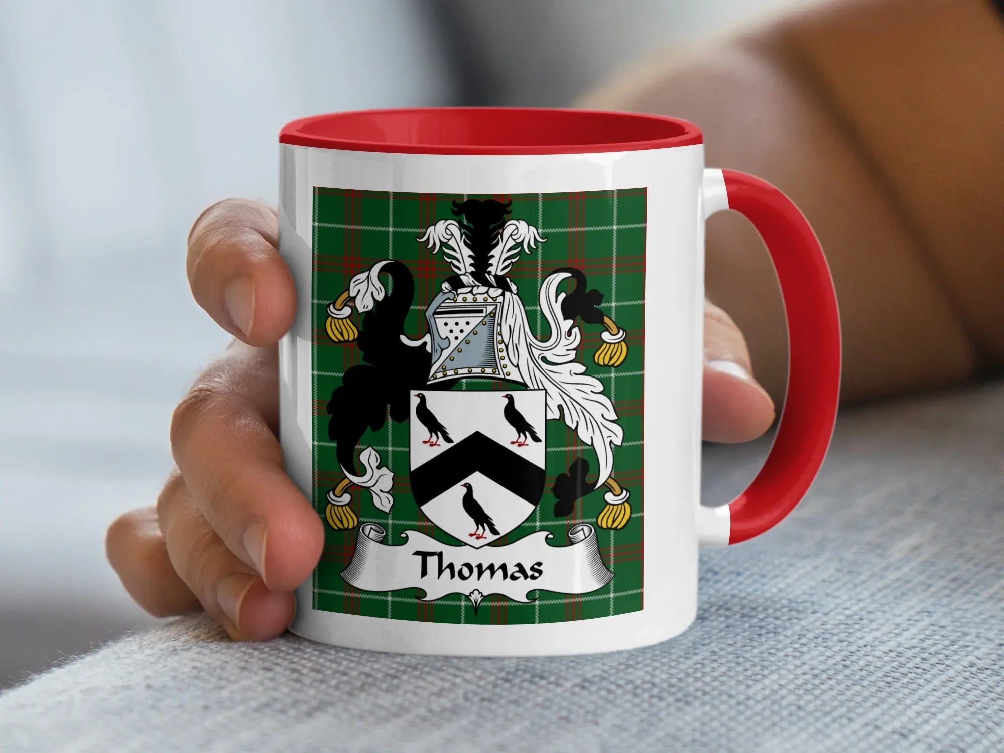 Thomas Welsh tartan accent mug with red handle and coat of arms on plaid