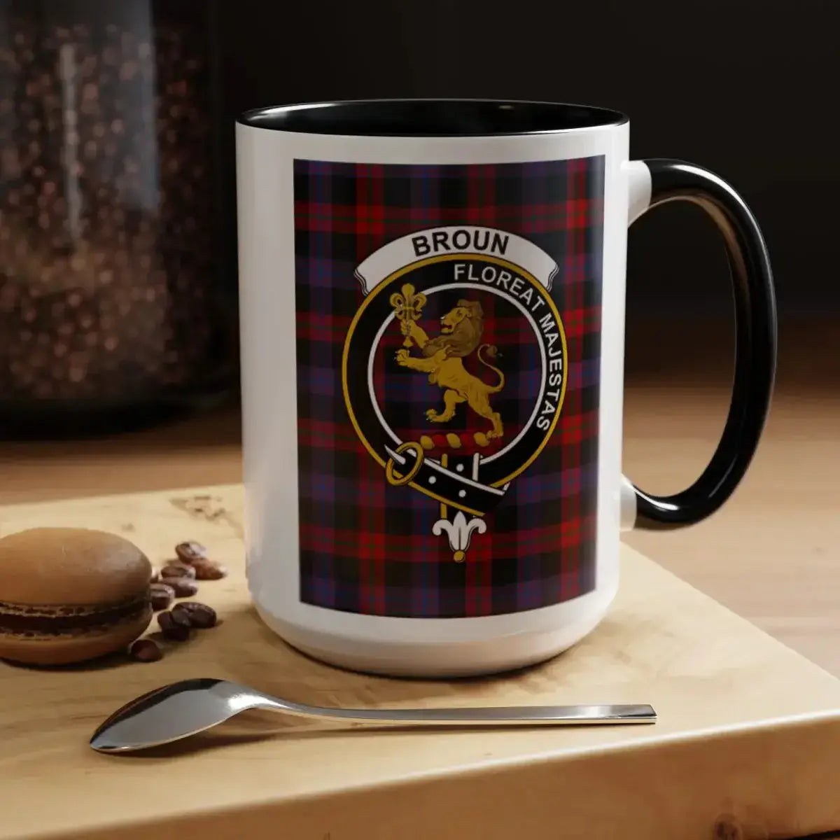 Broun tartan mug with a coloured accent handle and interior